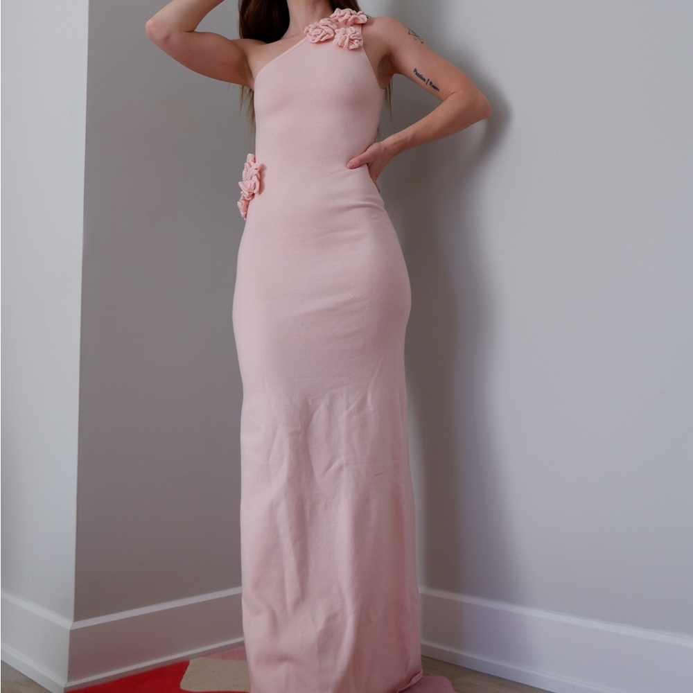 Meshki Paloma One Shoulder Knit Maxi Dress w Flower Appliqués